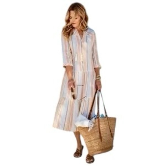SOFT SURROUNDINGS Striped Gauze Tasseled Midi Smock Dress - Picture 8 of 9
